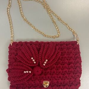 Elegant Red Crochet Bag with Gold Chain